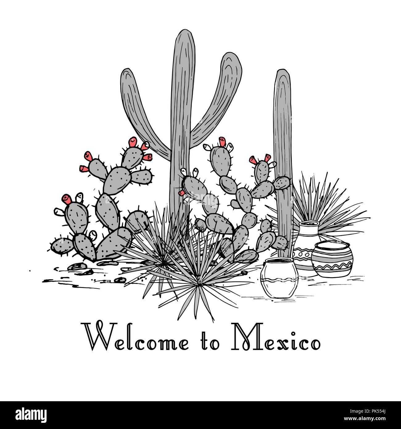 Cacti group. Prickly pear cactus, blue agaves, and saguaro. Welcome to Mexico card. Vector illustration. Mountains background Stock Vector