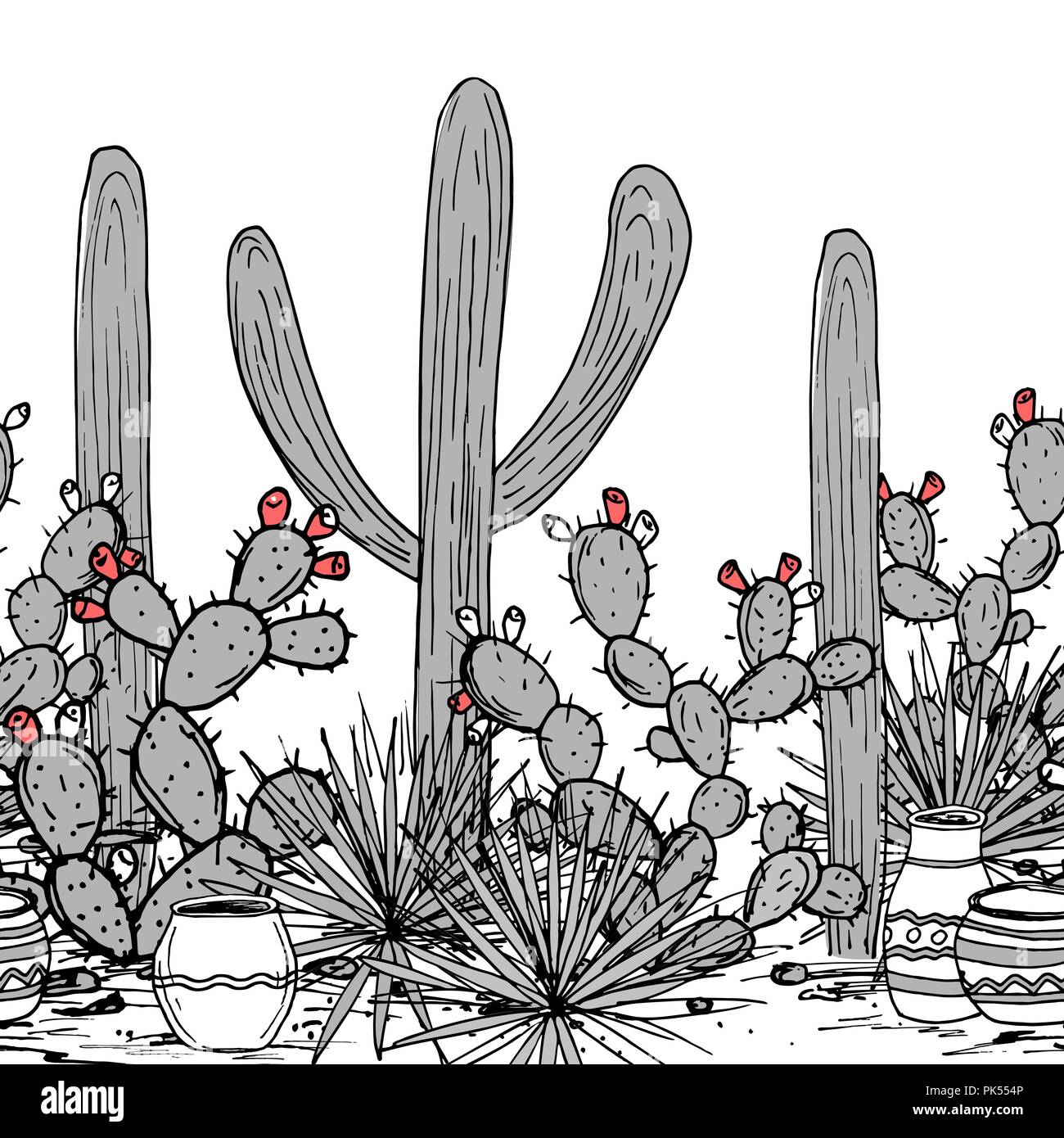 Hand drawn seamless pattern with jars, saguaro, blue agave, and and prickly pear. Latin American background. Mexican landscape Vector illustration. Stock Vector