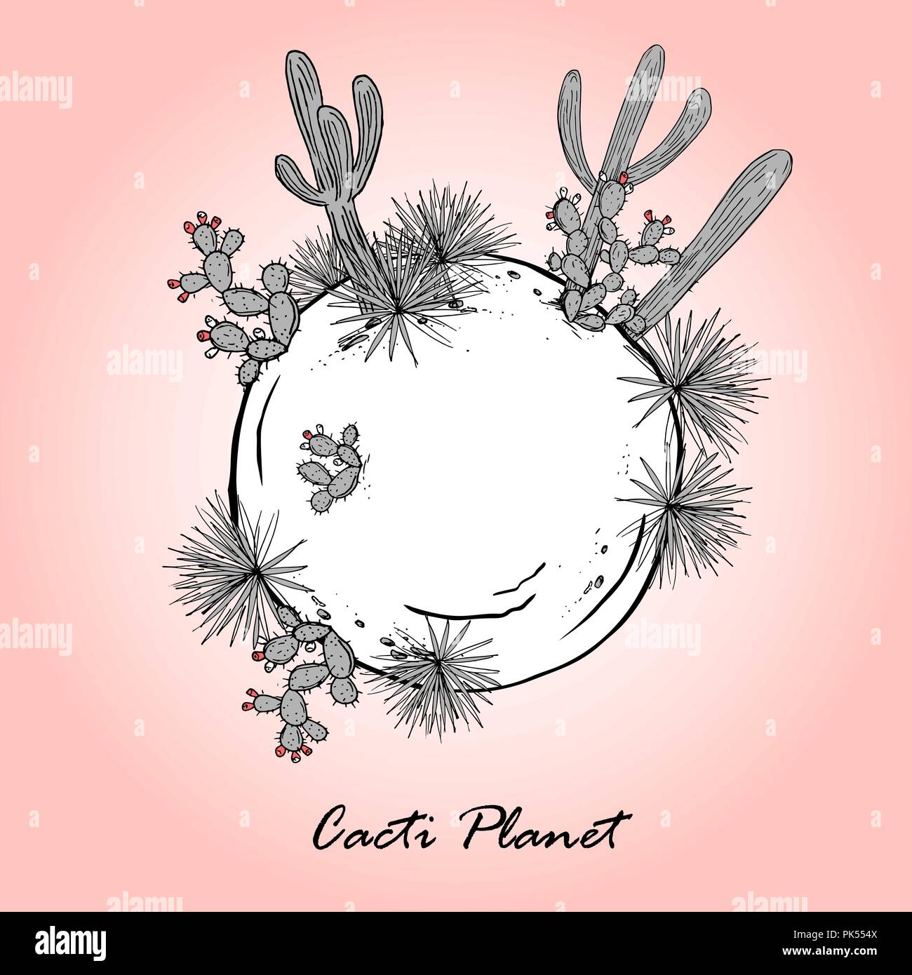 Cute card with cacti planet. Saguaro, prickly pear, and blue agave on small planet. Vector illustration Stock Vector
