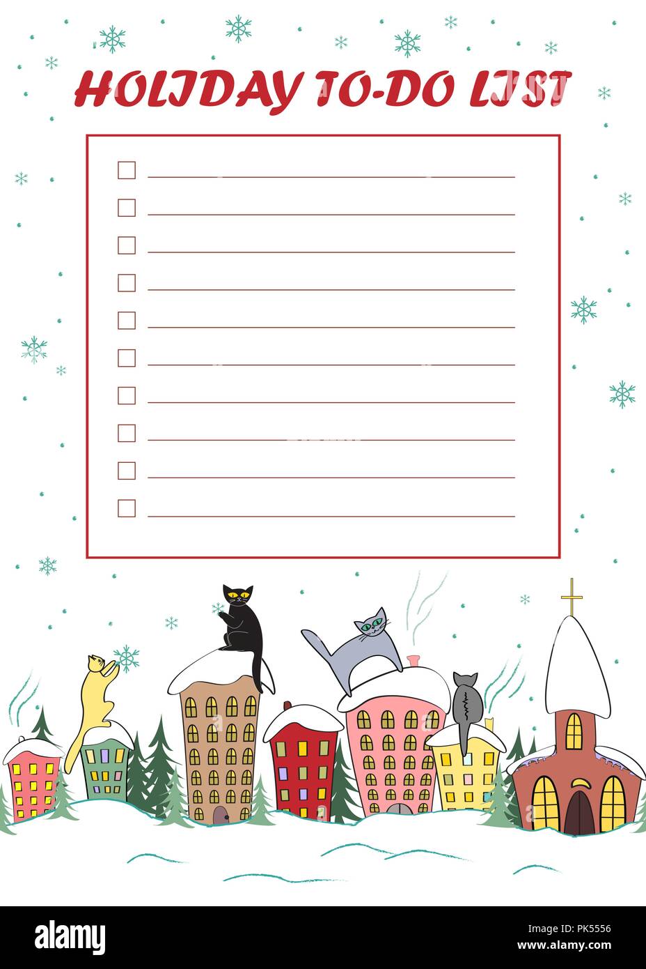 Christmas To Do List. Candy cane frame with cute cats sitting on the roofs and looking at snow. Stock Vector