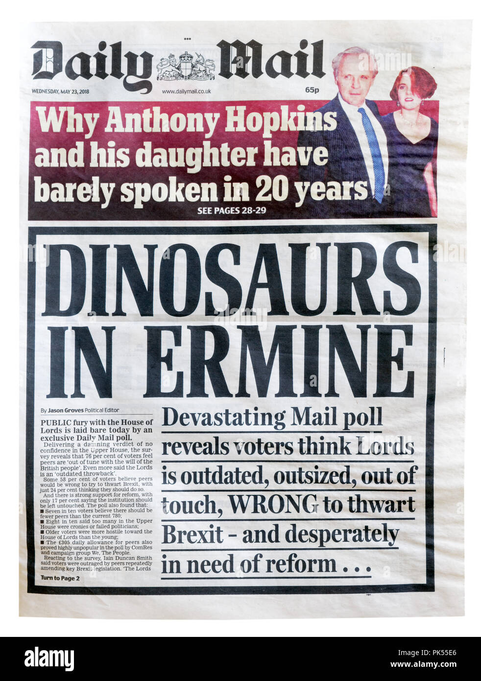 Front page of the Daily Mail with the headline Dinosaurs in Ermine, about the reform or abolishment of the House of Lords Stock Photo