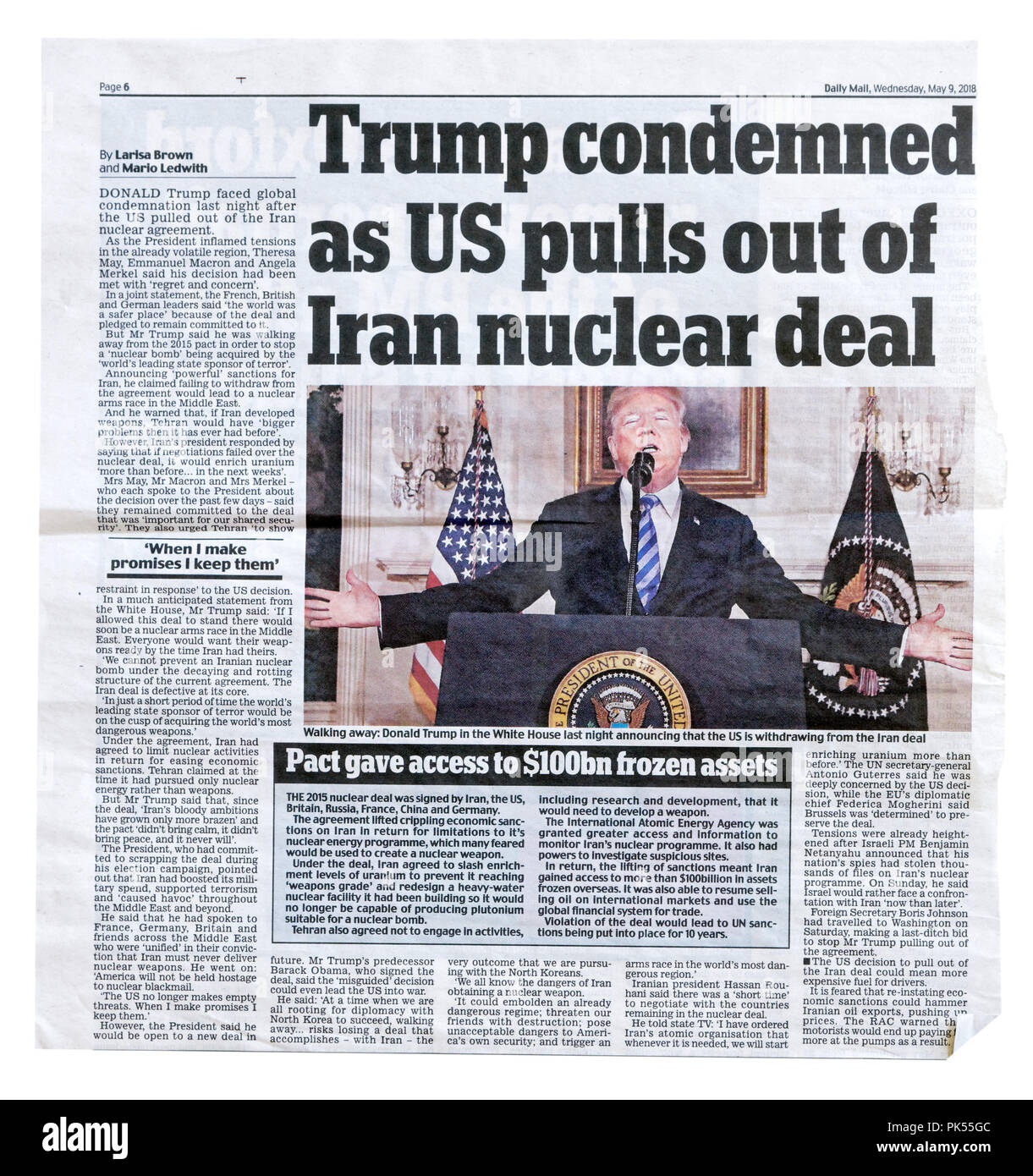 An article from the Daily Mail with the headline Trump Condemned as US Pulls Out of Iran Nuclear Deal, on the US withdrawal from the 2015 Agreement Stock Photo