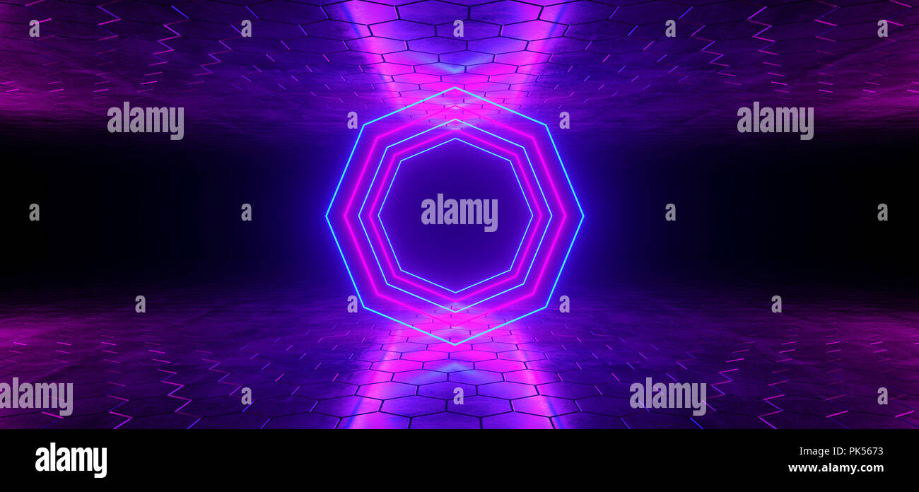 Futuristic Sci Fi Blue Purple Glowing Neon Tube Octagon Shaped