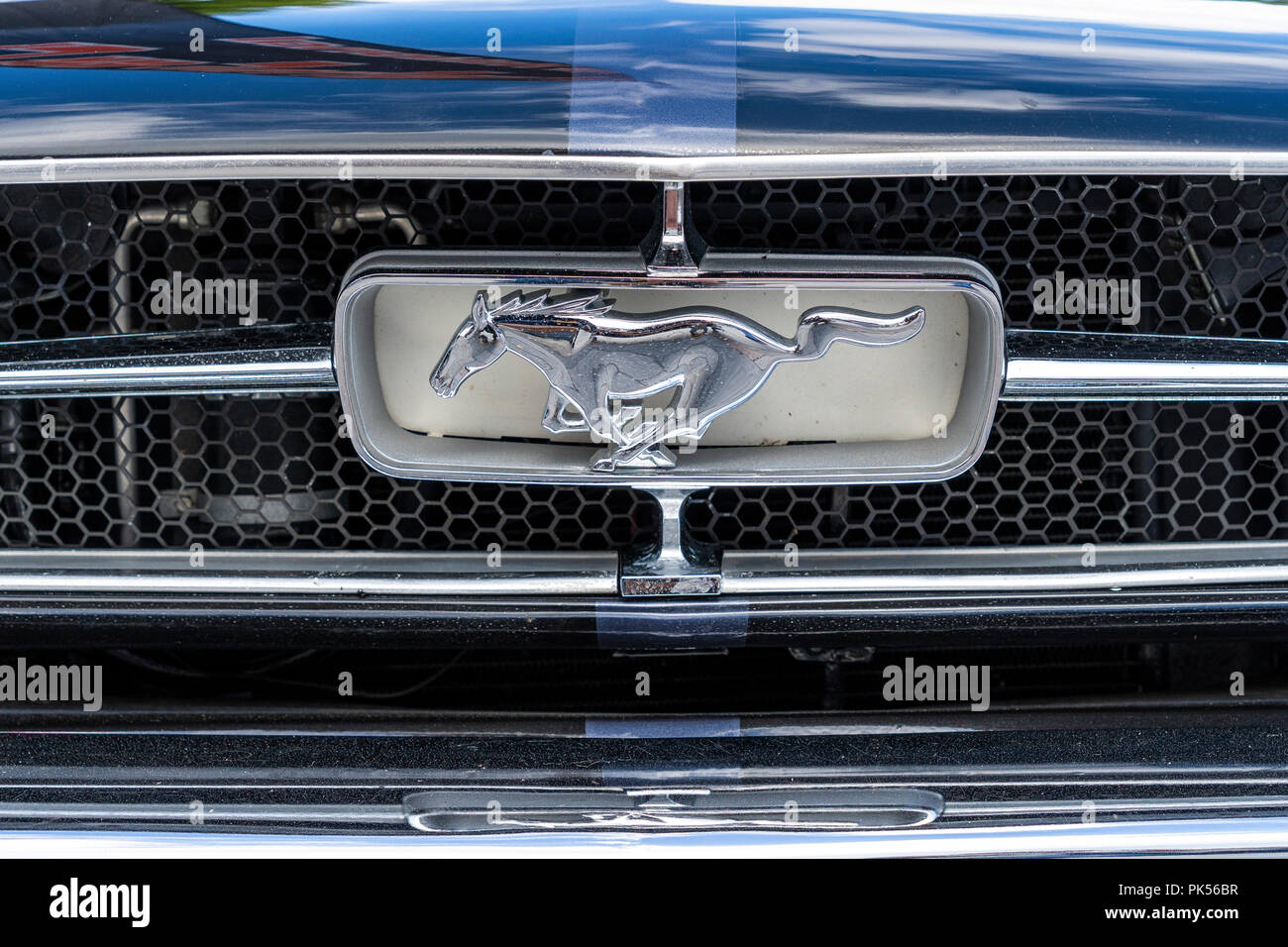 Ford Mustang Pferd Logo auf dem Kühlergrill des klassischen amerikanischen  Auto Stockfotografie - Alamy