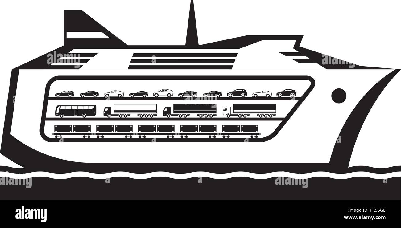 Ferry boat transports vehicles across the sea - vector illustration Stock Vector