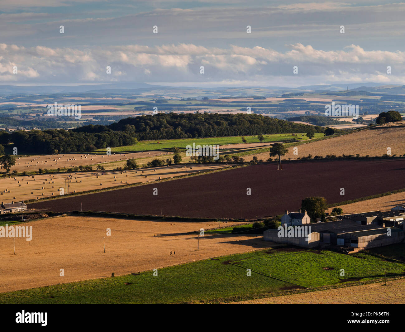 Looking from Hume Castle in Berwicvkshire, southwards across rich farm land towards the Cheviot Hills beyond Roxburghshire Stock Photo