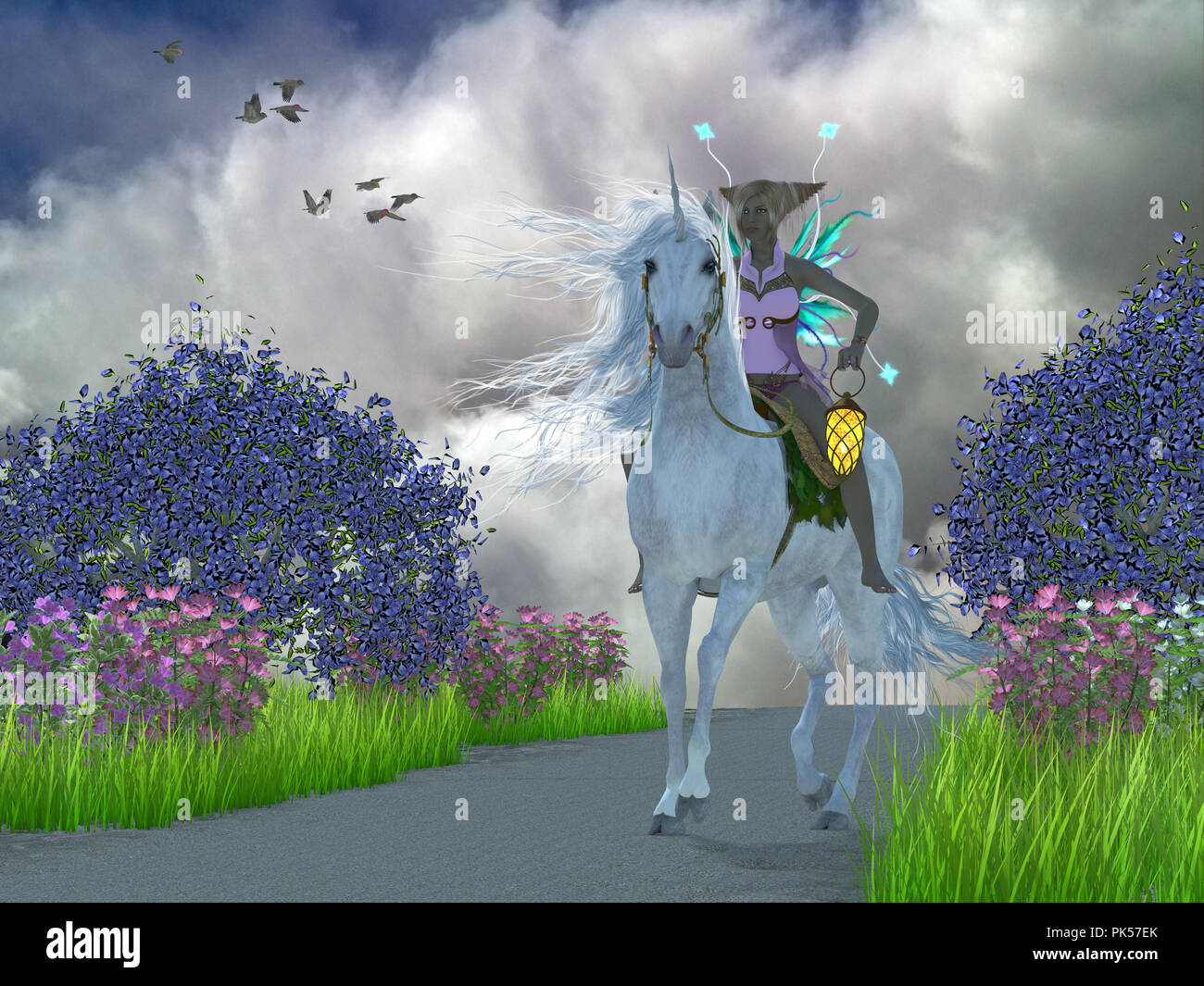 Fairy Lila with Unicorn - A fairy dressed in pink lavender rides a ...