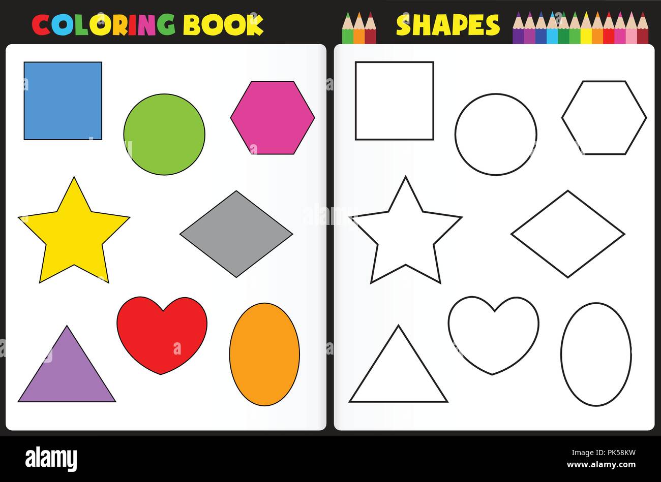 Coloring book page for kids with colorful shapes and sketches to ...
