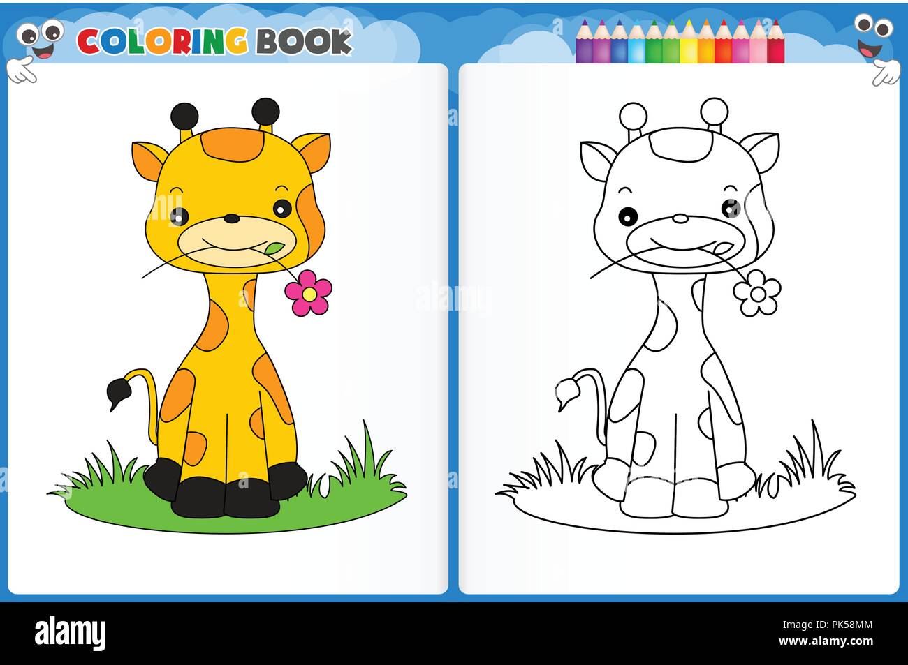 coloring page cute giraffe with colorful sample printable worksheet for preschool kindergarten kids to improve basic coloring skills stock vector image art alamy