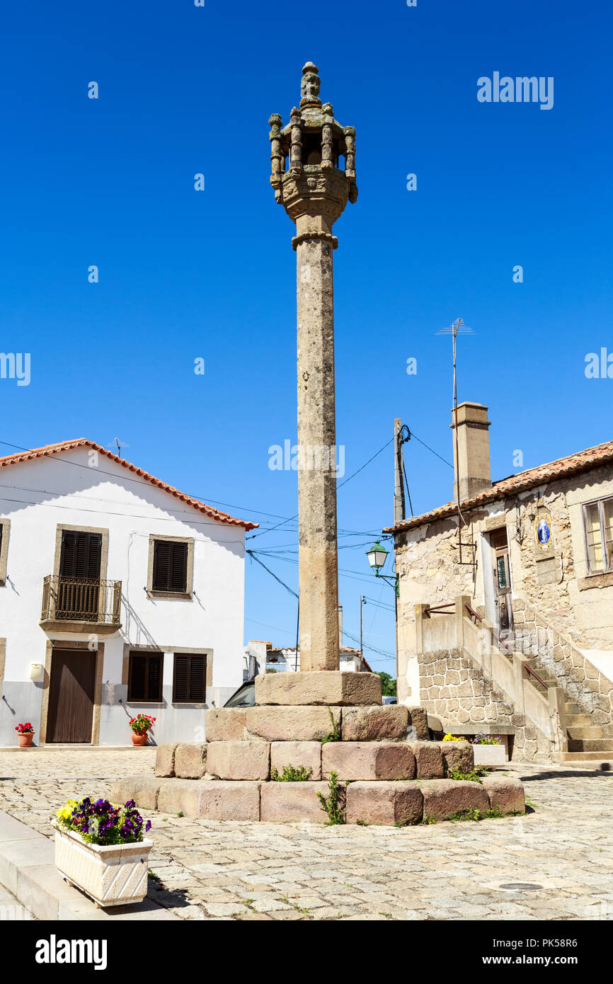 View of the medieval pillory in the historic village of Almendra, Portugal Stock Photo