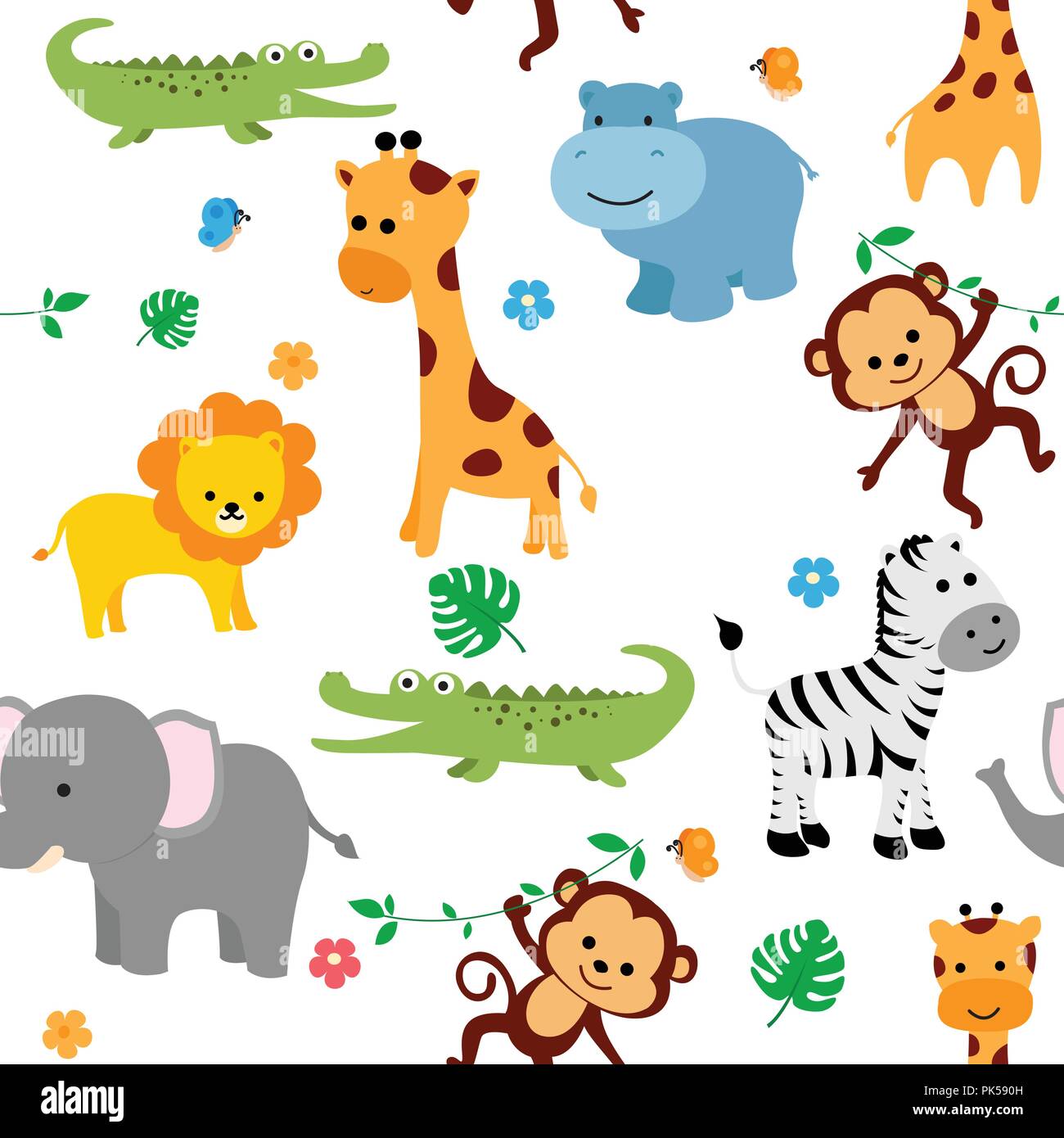 Download Cute Animals Fabric Seamless Pattern With Flowers And Butterflies Stock Vector Image Art Alamy