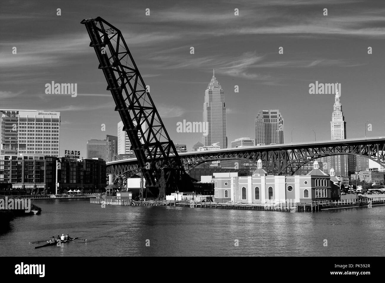 cityscape on the river in black and white with a bridge Stock Photo