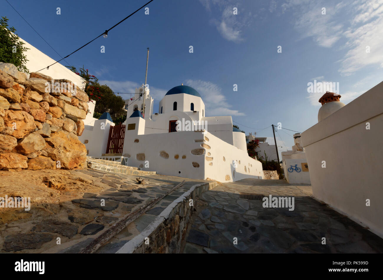 The church of the Holy Cross, located above the port of Donousa, in South Aegean Stock Photo