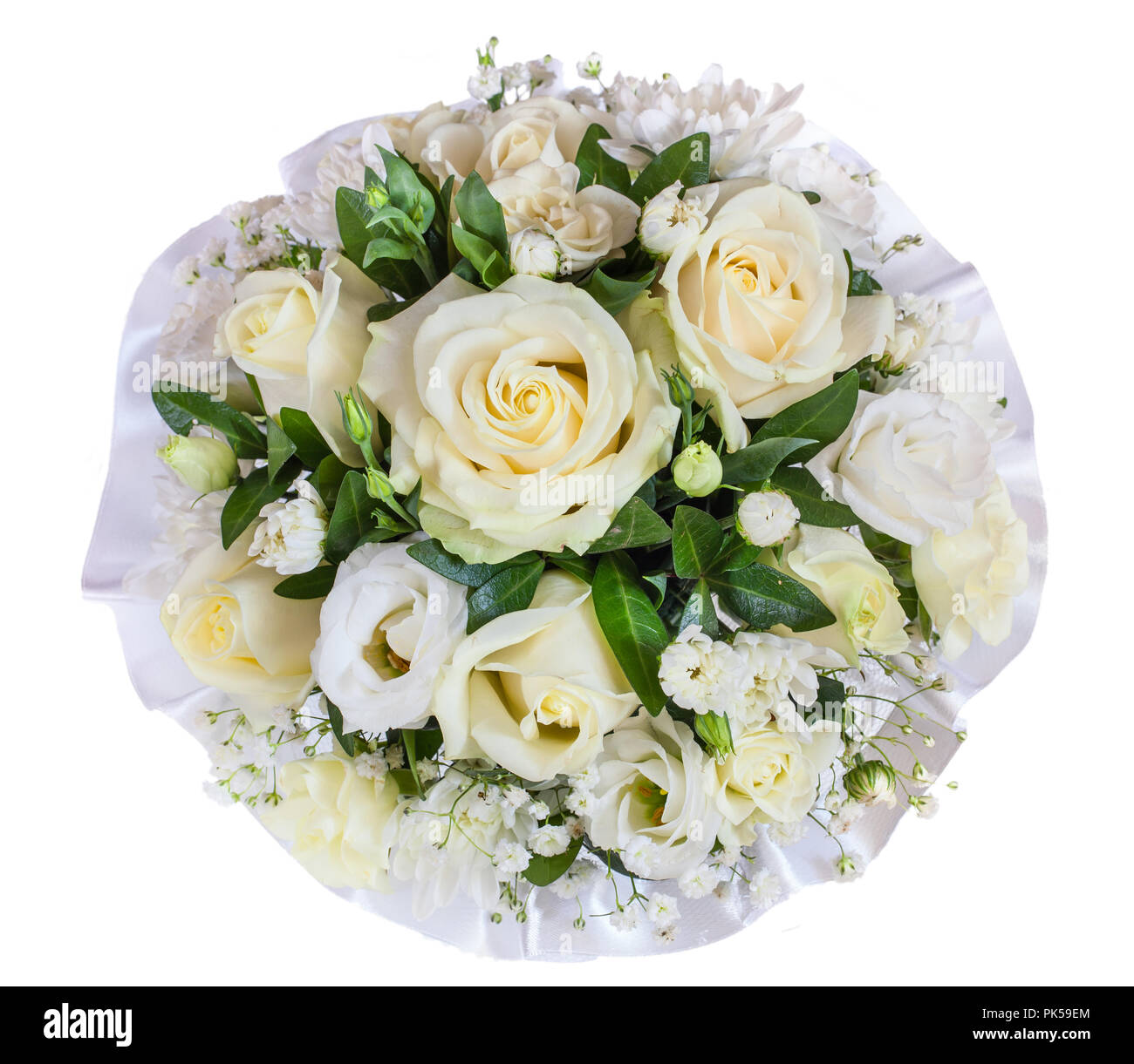 Up view of bright flower wedding bouquet isolated over white background Stock Photo