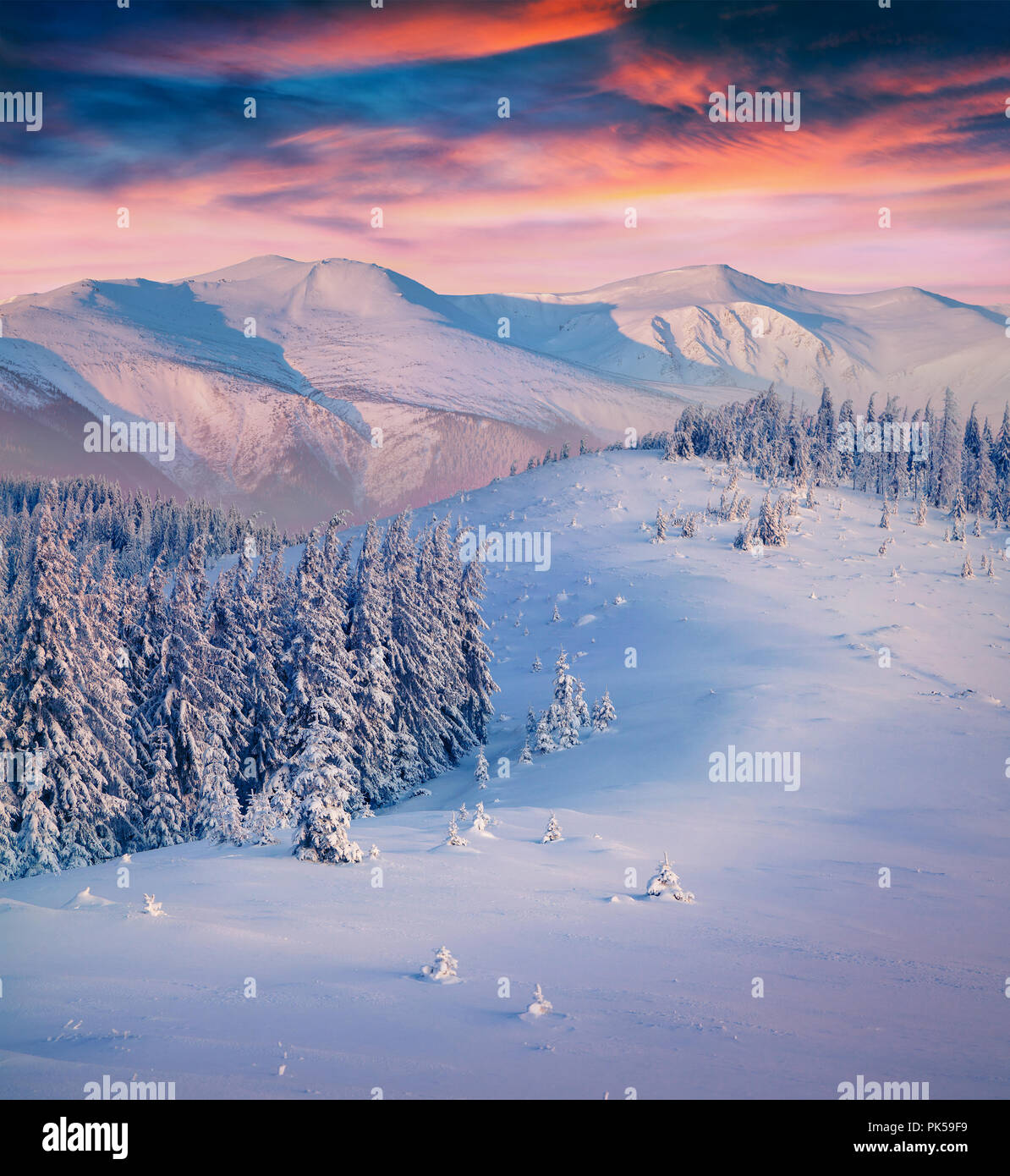 Colorful winter sunrise in the mountains. Happy New Year! Stock Photo