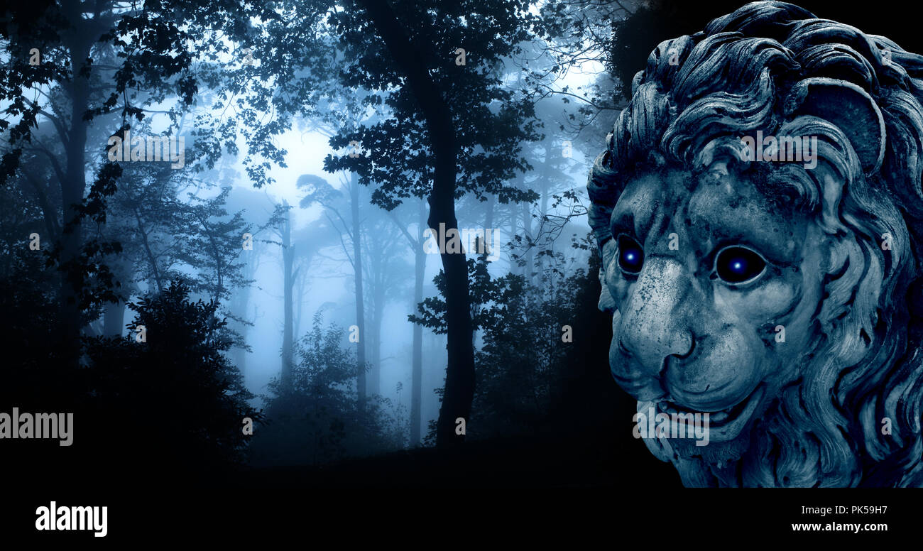 Ancient lion statue with glowing eyes in mysterious landscape of foggy