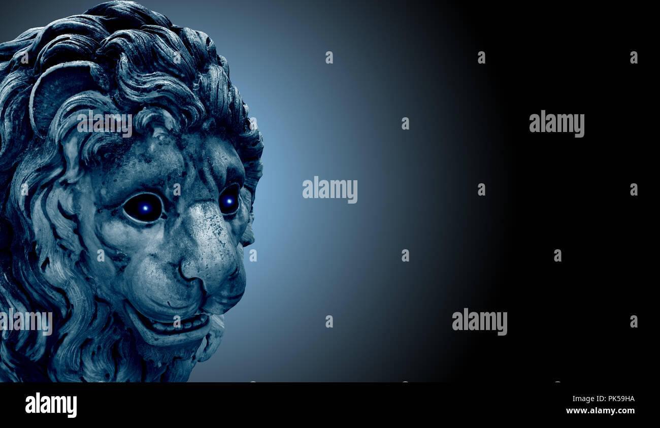 Ancient lion statue with glowing eyes on black background. Mock up