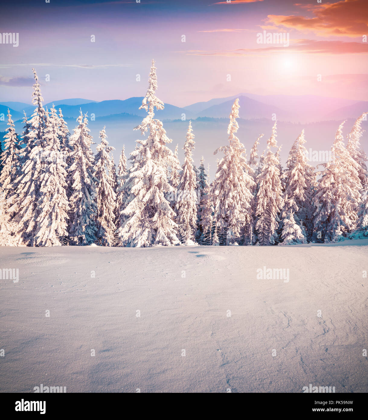 Colorful winter sunrise in the mountains. Stock Photo