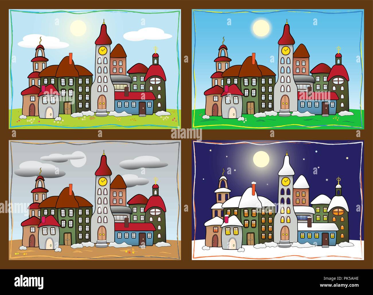 Little village, with houses, church and factory, in Spring, Summer, Autumn and Winter Stock Vector