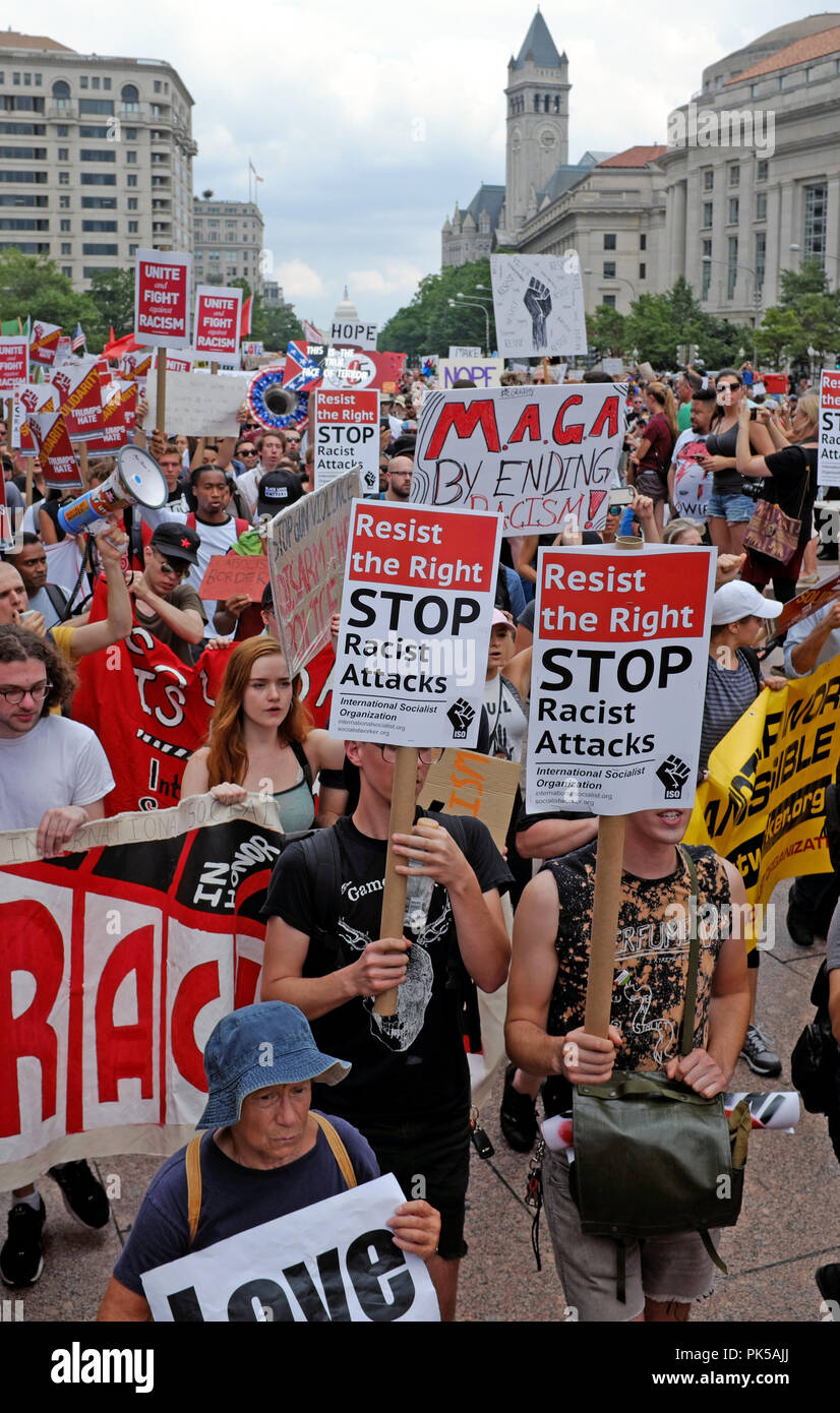 'Resist the Right: Stop Racist America' is a common sign at an anti-racism anti-hate rally on August 12, 2018 in Washington DC, USA. Stock Photo