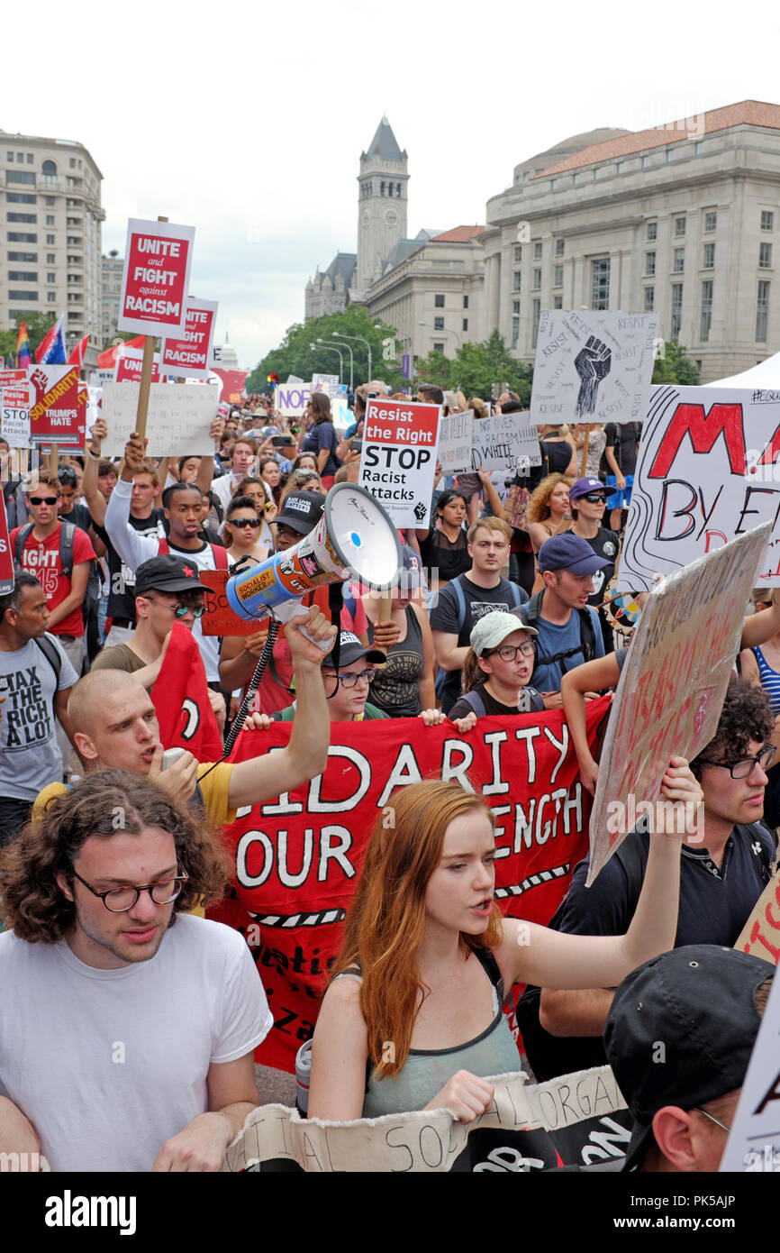 Protesters leave their staging area at Freedom Park in Washington DC in a protest against racism and hate on August 12, 2018. Stock Photo