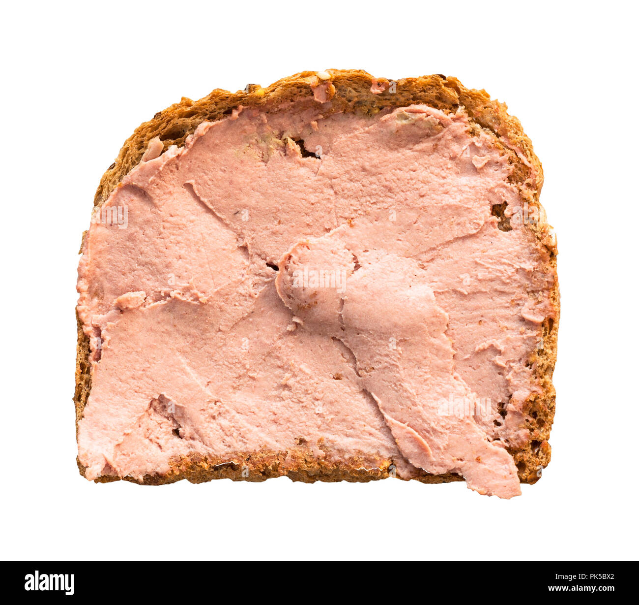 top view of bread sandwich with pate isolated on white background Stock Photo
