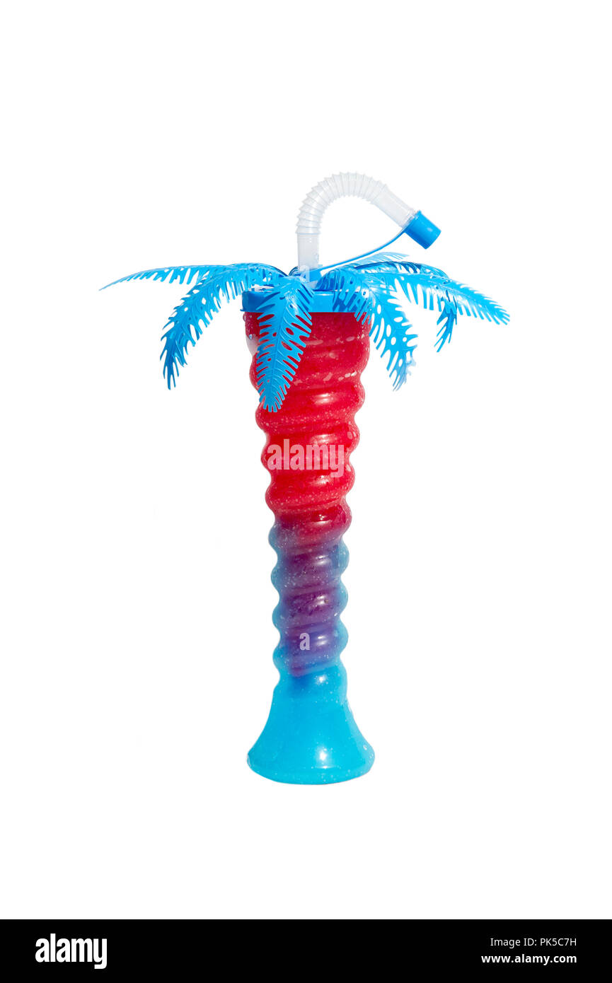 Palm Tree Novelty Slush Yard Cup with multicolour slush on a white background Stock Photo