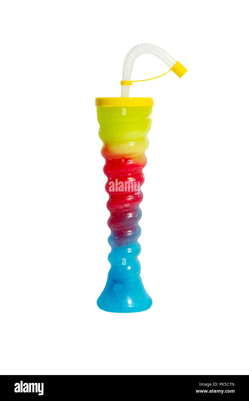 Novelty Slush Yard Cup with multi coloured slush on a white background Stock Photo