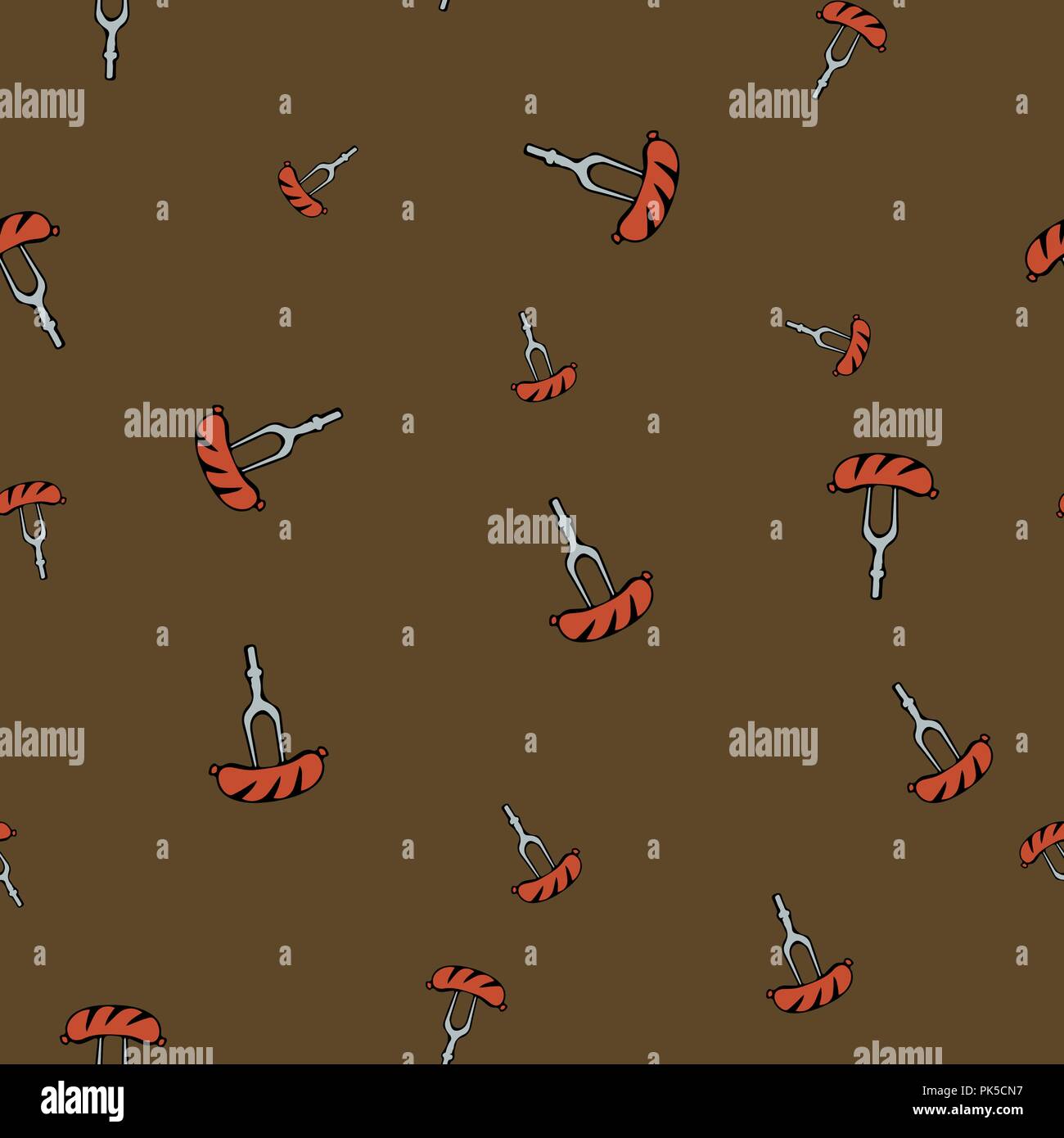 Sausage fork pattern seamless. Vector illustration. Brown background. Stock Vector