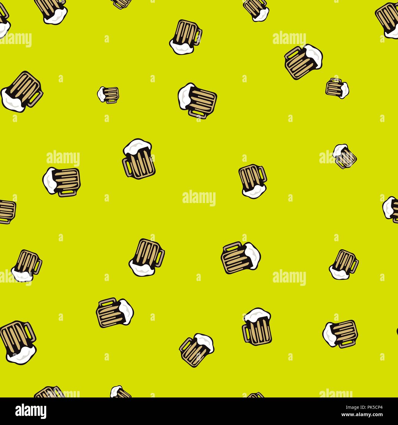 Tankard beer seamless pattern. Vector illustration. Yellow background. Stock Vector