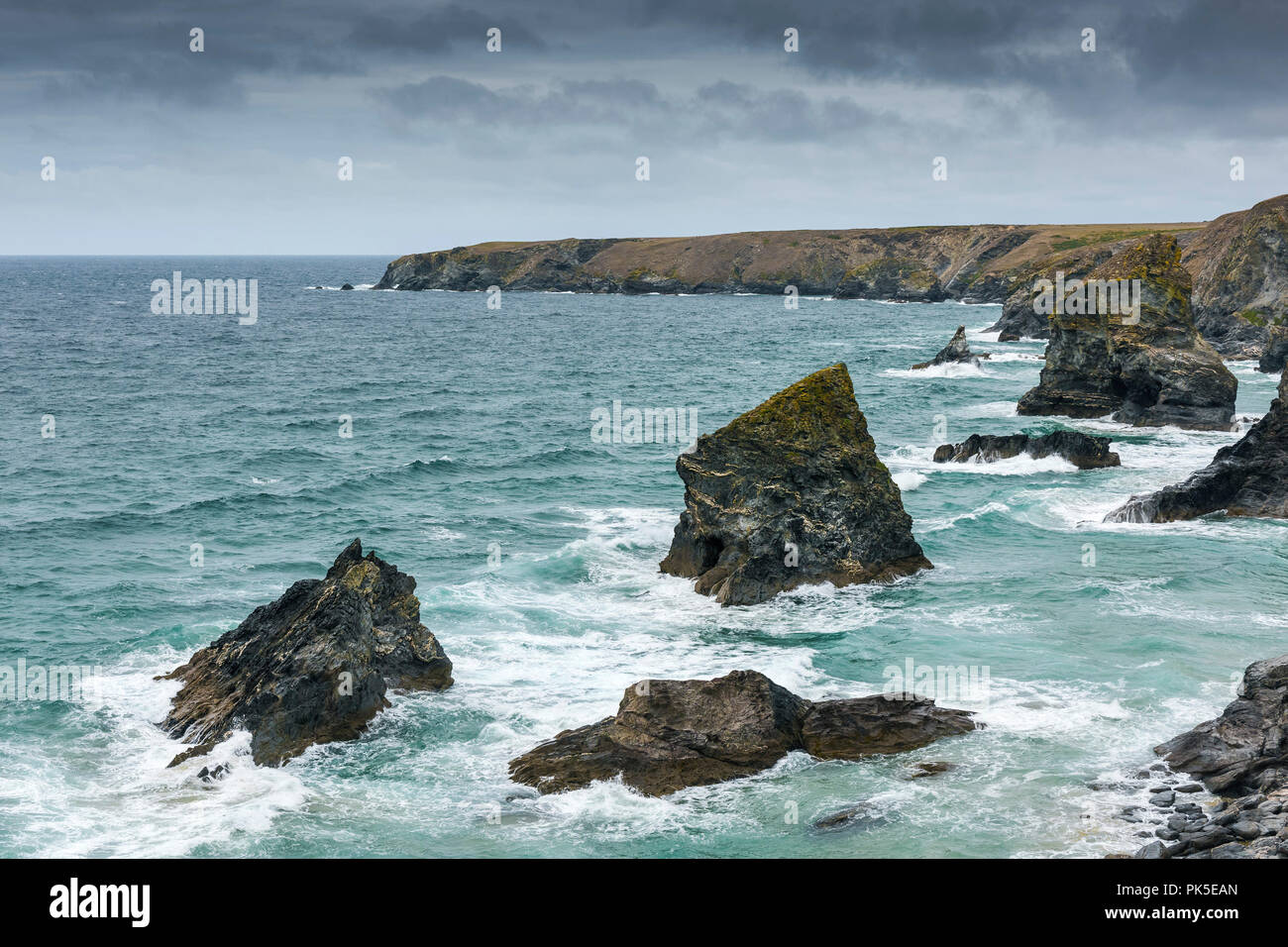 Bedruthan Steps in Cornwall. Stock Photo
