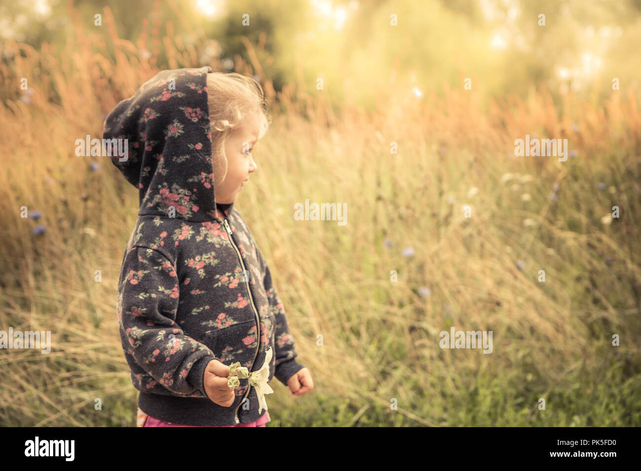 Happy cheerful kid girl smiling autumn golden yellow sunlight landscape concept happy carefree childhood lifestyle Stock Photo