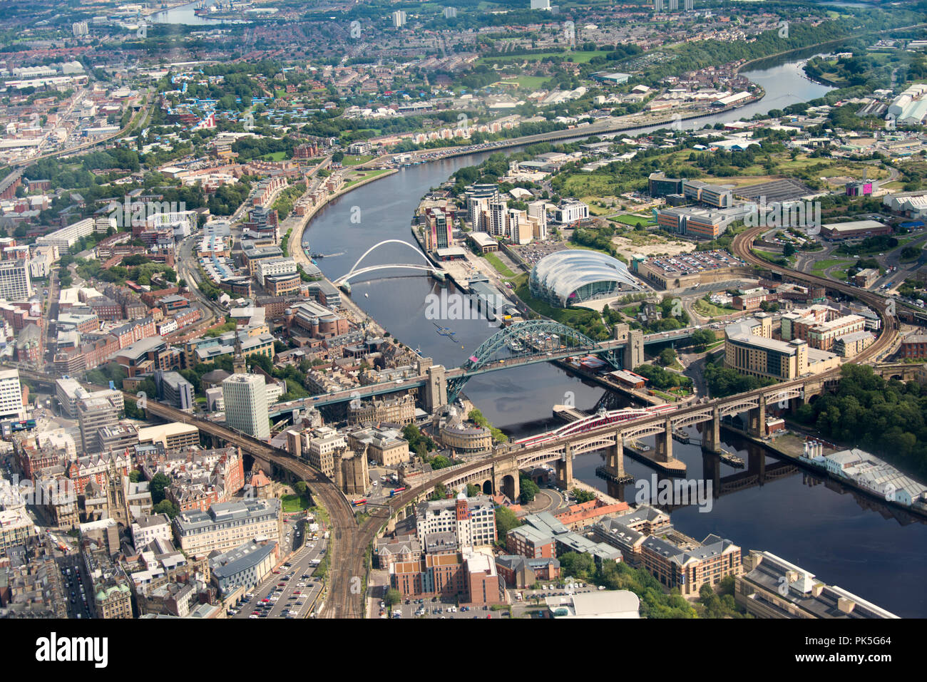 Ariel photograph taken from light aircraft of the River Tyne, the High Level, Tyne, Swing, and Millenium Bridg Stock Photo