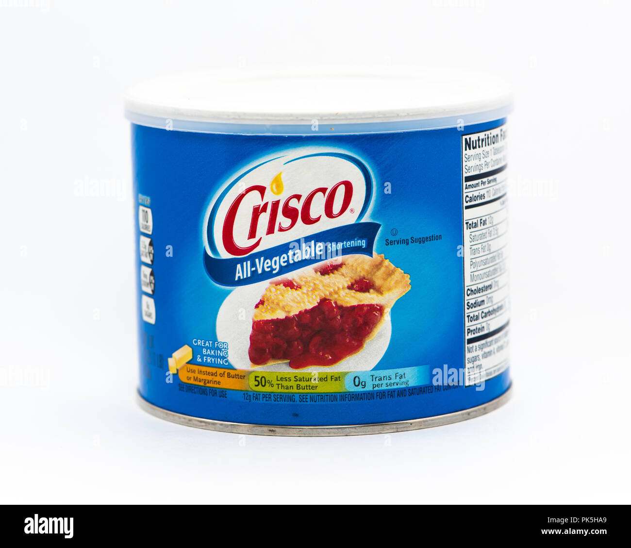 A cardboard container of Pillsbury Crisco, the All-Vegetable shortening for baking and frying food. Stock Photo