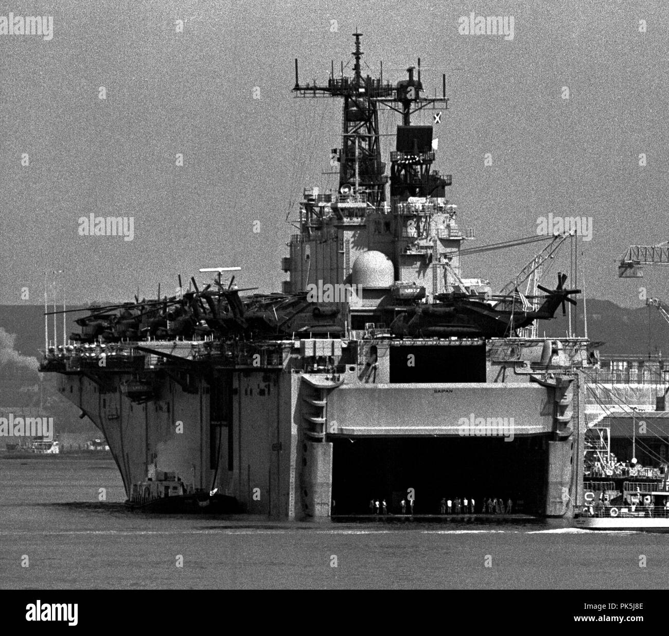 AJAXNETPHOTO. 1984. PORTSMOUTH, ENGLAND.  - ASSAULT SHIP - USS SAIPAN VISITS THE NAVAL BASE. PHOTO:JONATHAN EASTLAND/AJAX  REF: 100484 7A Stock Photo