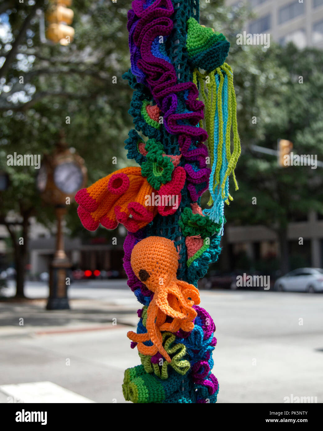 group of guerrilla knitters attacked Main Street Columbia south carolina,they yarn bombed Trees, signs, parking meters, lampposts and bike racks along the 1500 block main Street photo by Catherine Brown Stock Photo