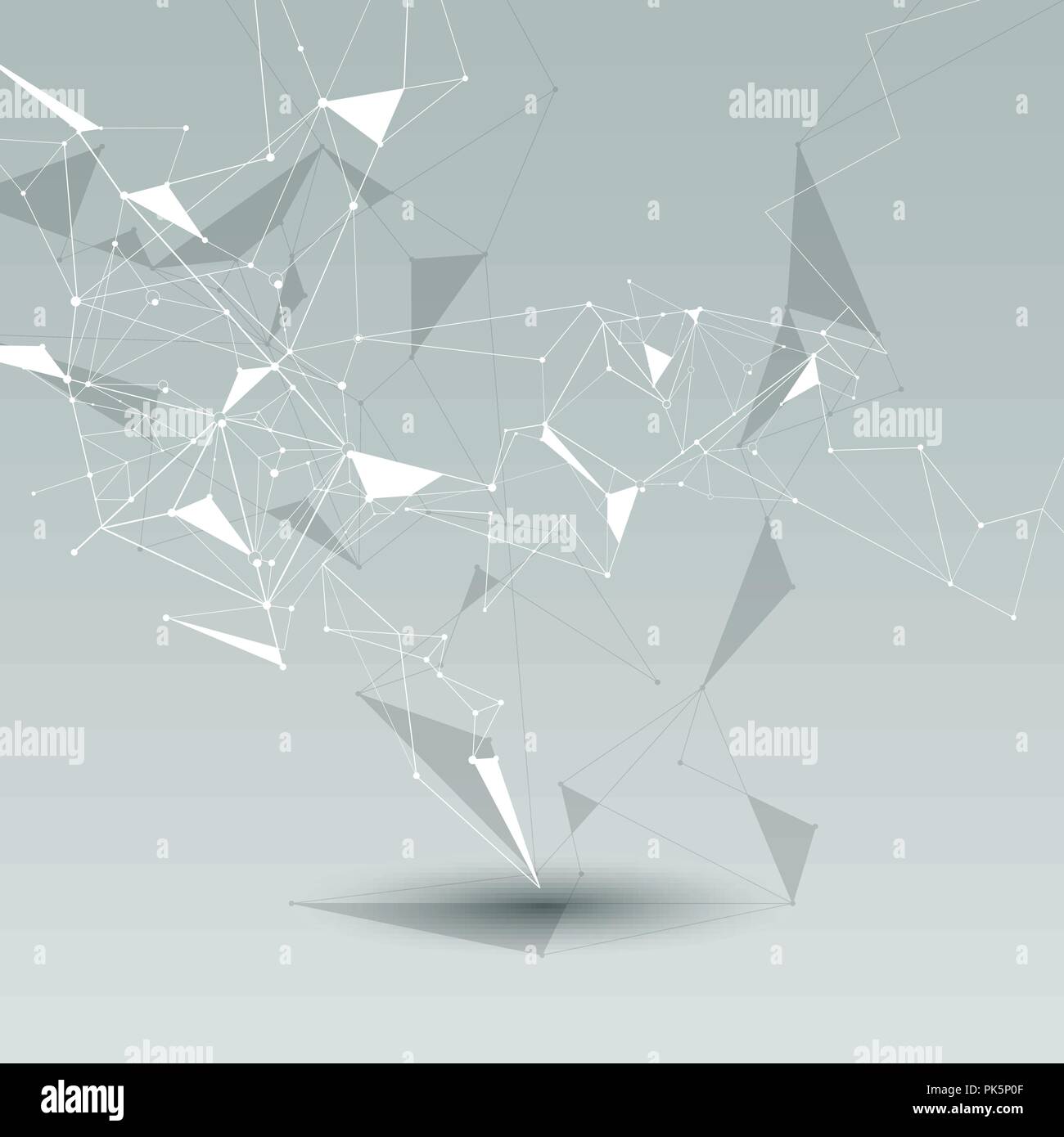 Abstract Molecules with line, node, geometric, low poly, polygon and triangle. Vector design network connection technology on bright gray background.  Stock Vector