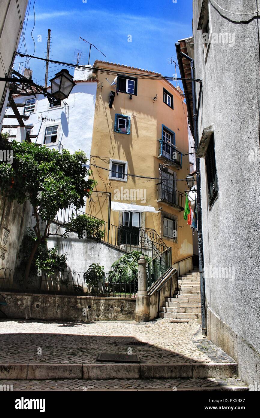 Old colorful houses and narrow streets of Lisbon, Portugal in Spring ...
