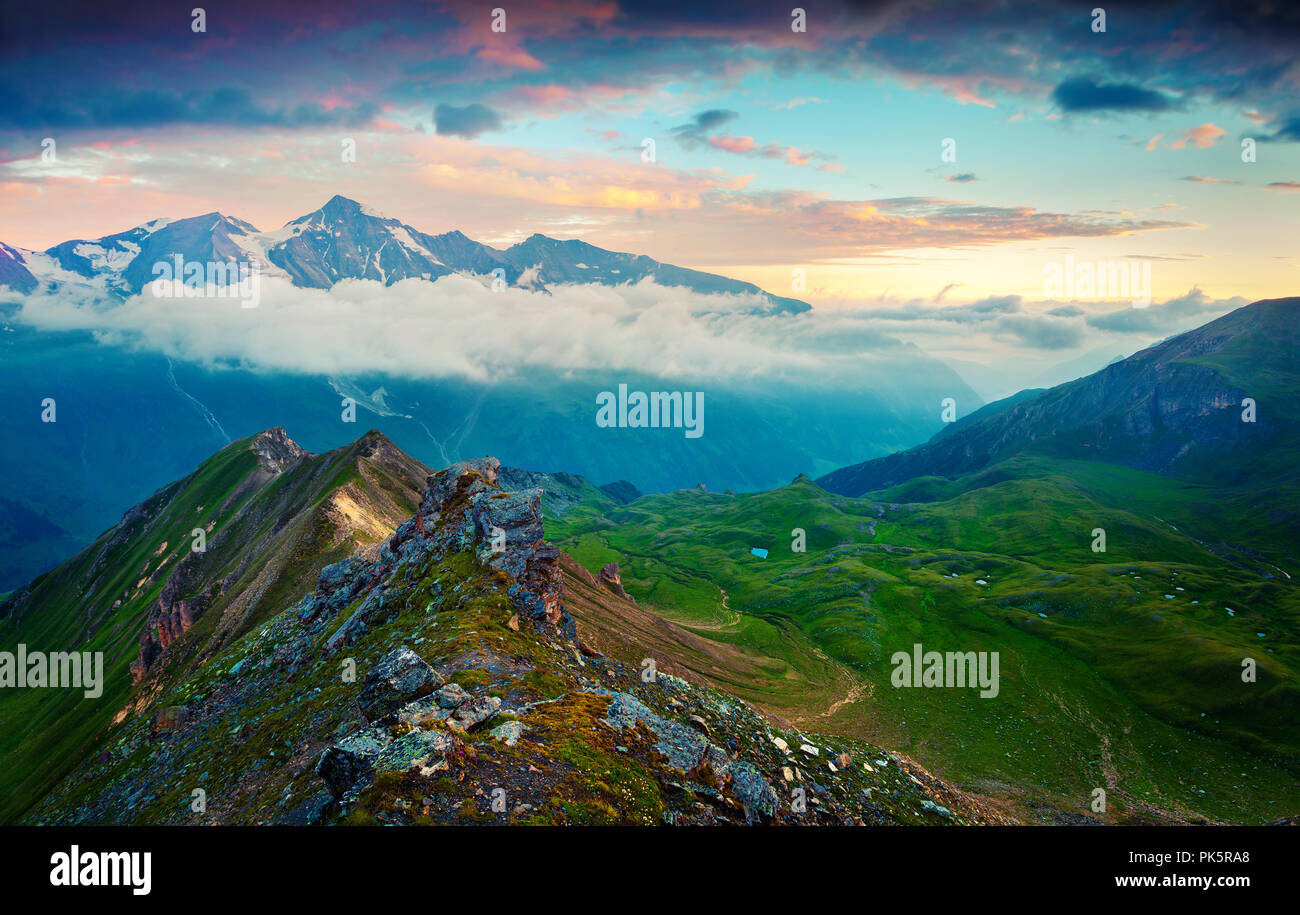 View from a bird's eye of Grossglockner High Alpine Road in the early moning. Austria, Alps, Europe. Stock Photo