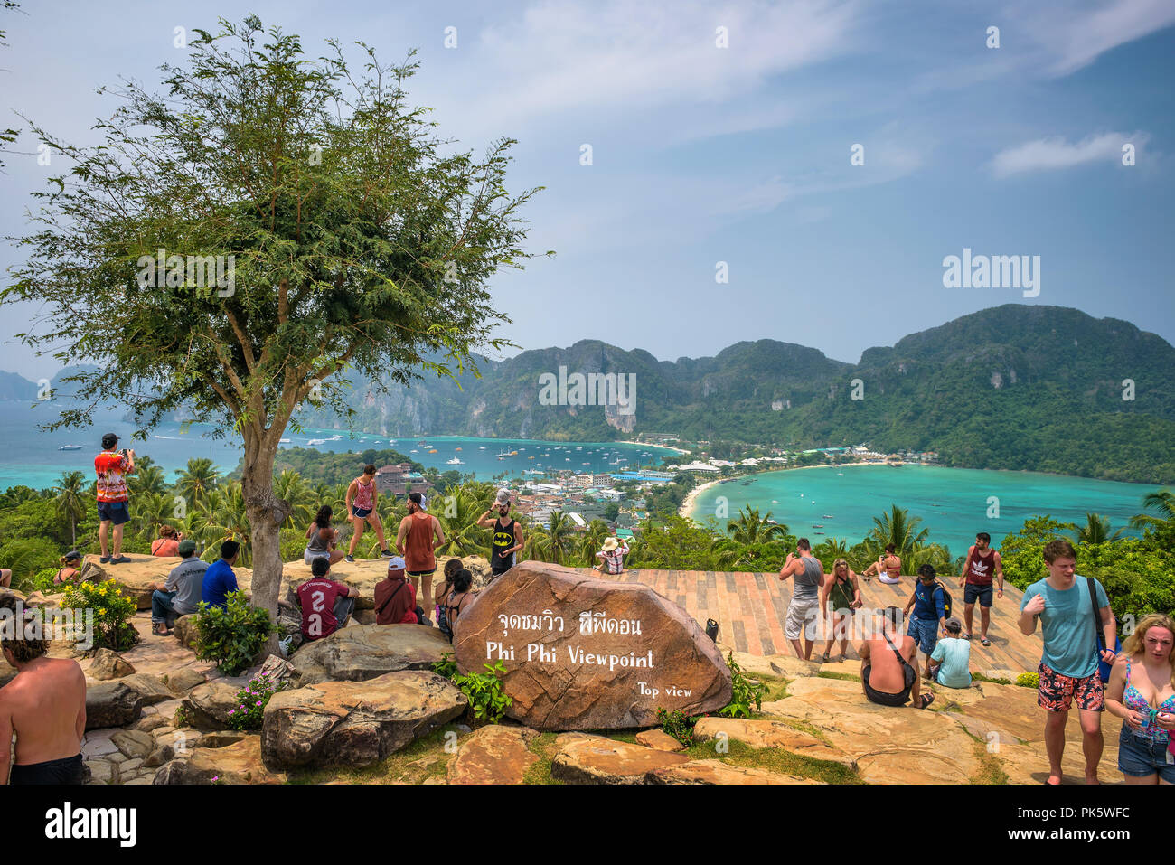 Tourists enjoy panoramic view over Koh Phi Phi Island in Thailan Stock Photo