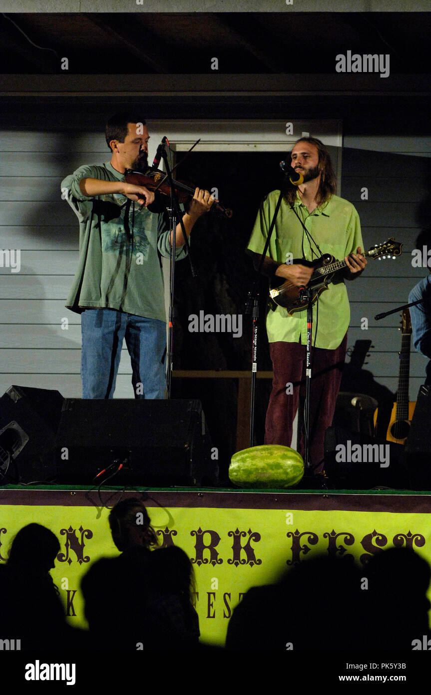 Furnace Mountain Band featuring David Vandeventer plays at the 'The Bluegrass & Folk Music Pickin' Fest' in Berryville, Virginia. Watermelon Park Fest Stock Photo