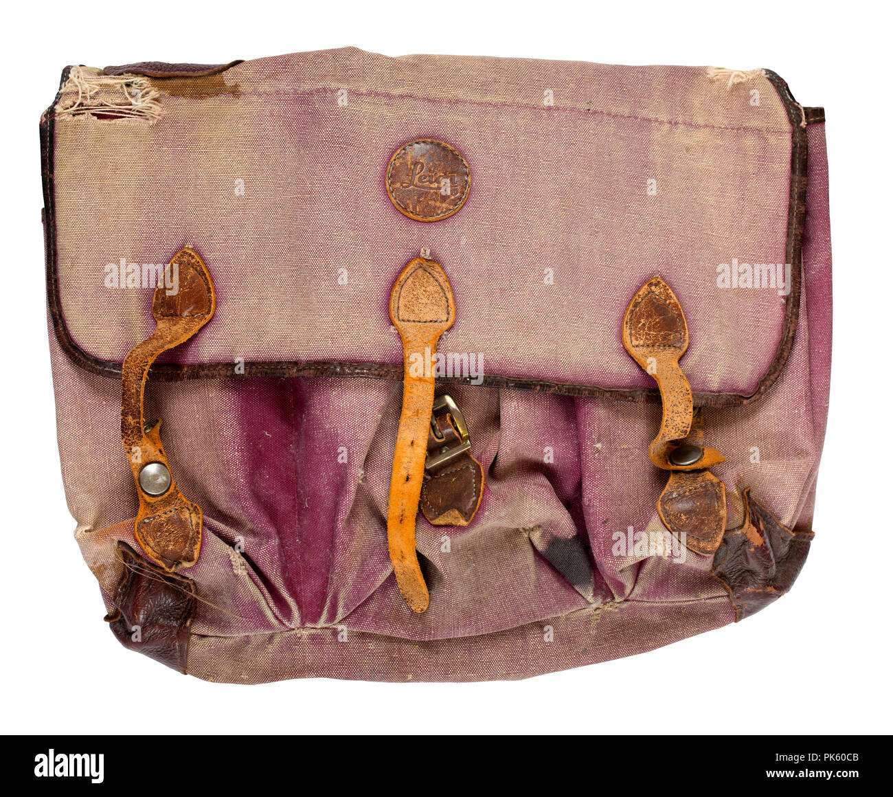 A well worn, faded, and used Leica camera bag from the 1970s. Stock Photo