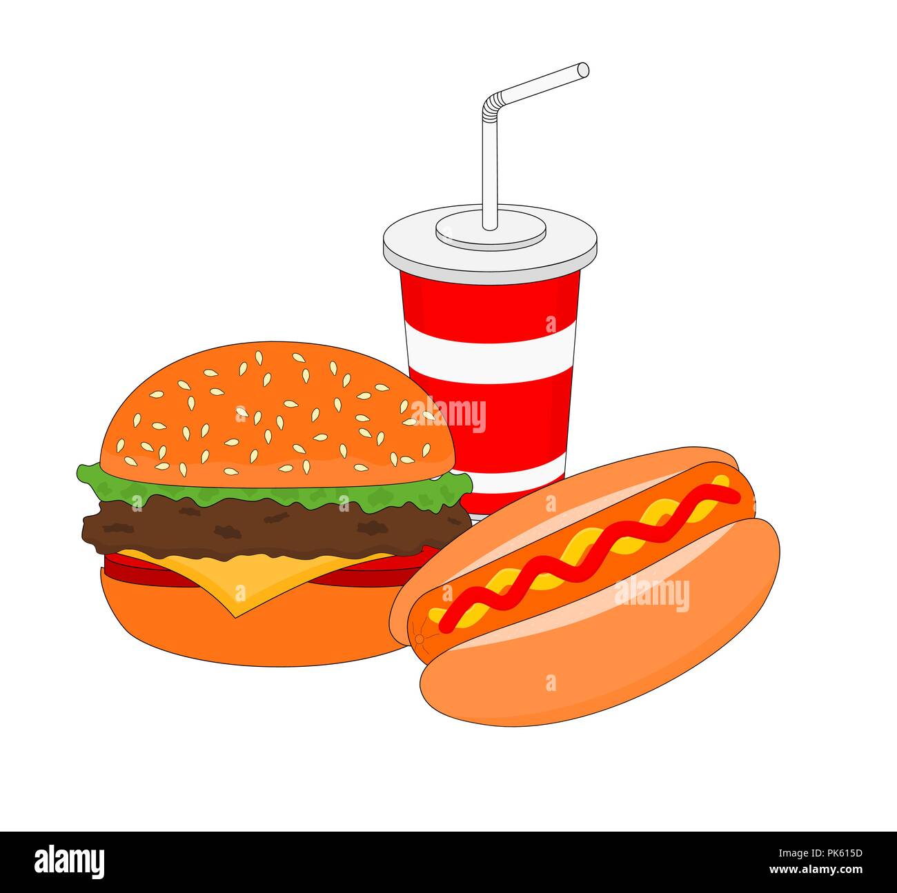 Isolated delicious fast food dinner menu with cheese burger , hot dog and soft drink Stock Vector