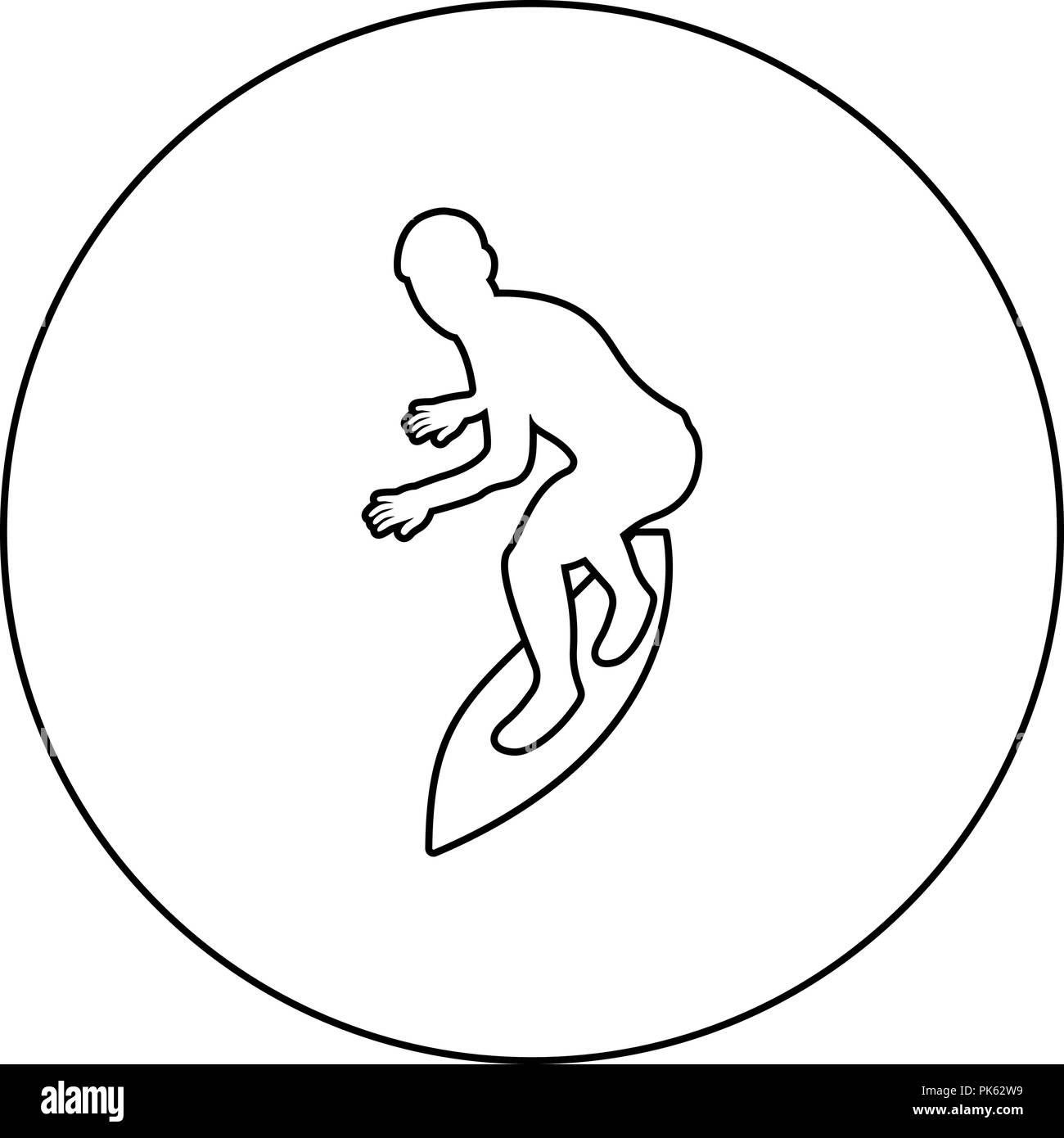 Surfer on surferboard icon black color in round circle outline vector I Stock Vector