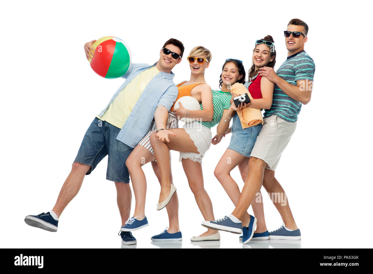 happy friends with beach and summer accessories Stock Photo