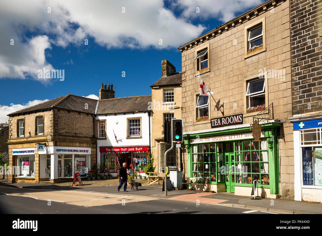 UK, Yorkshire, Settle, Market Place, Skipton Building Society, shops and tea room Stock Photo
