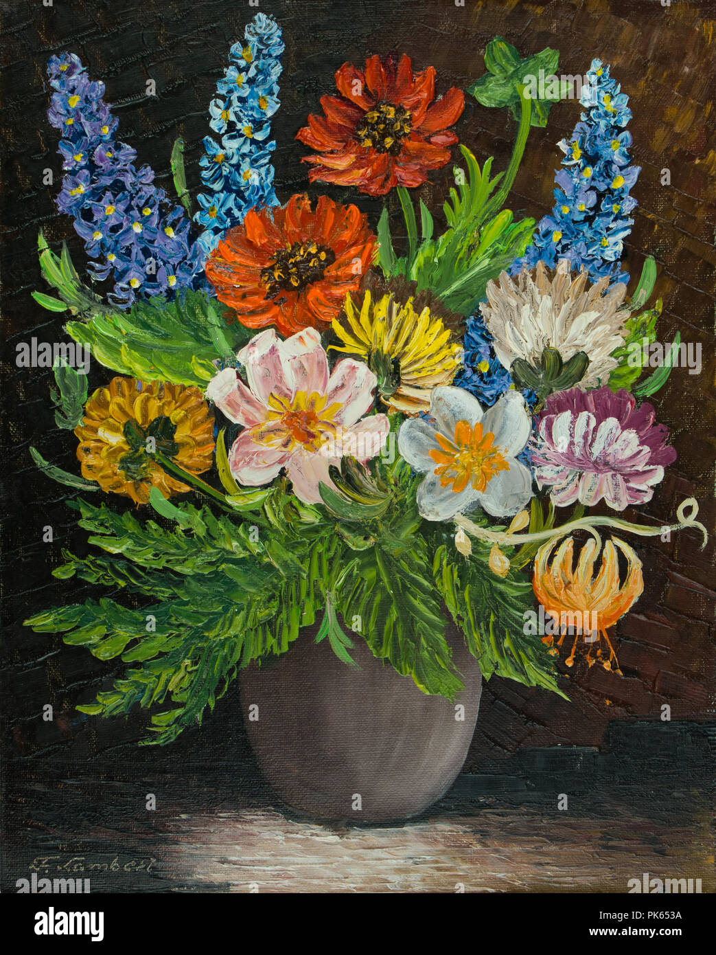 Still Life with Oil Colours - A Bouquet of Colourful Flowers in a Grey Vase Stock Photo