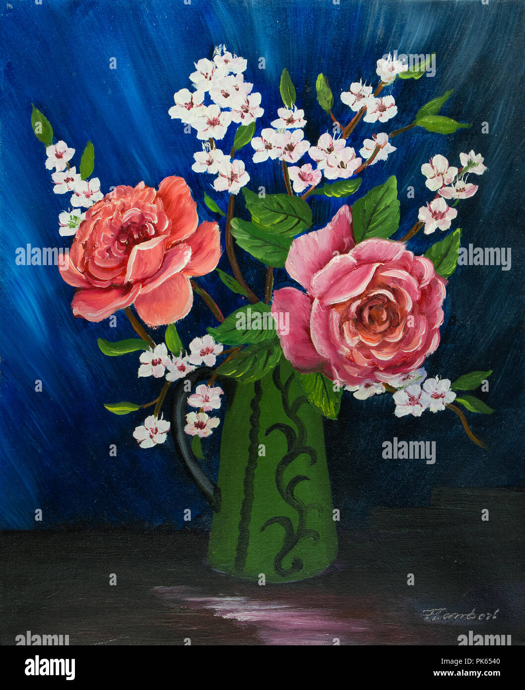 Oil painting of various flowers in a green painted vase with handle Stock Photo
