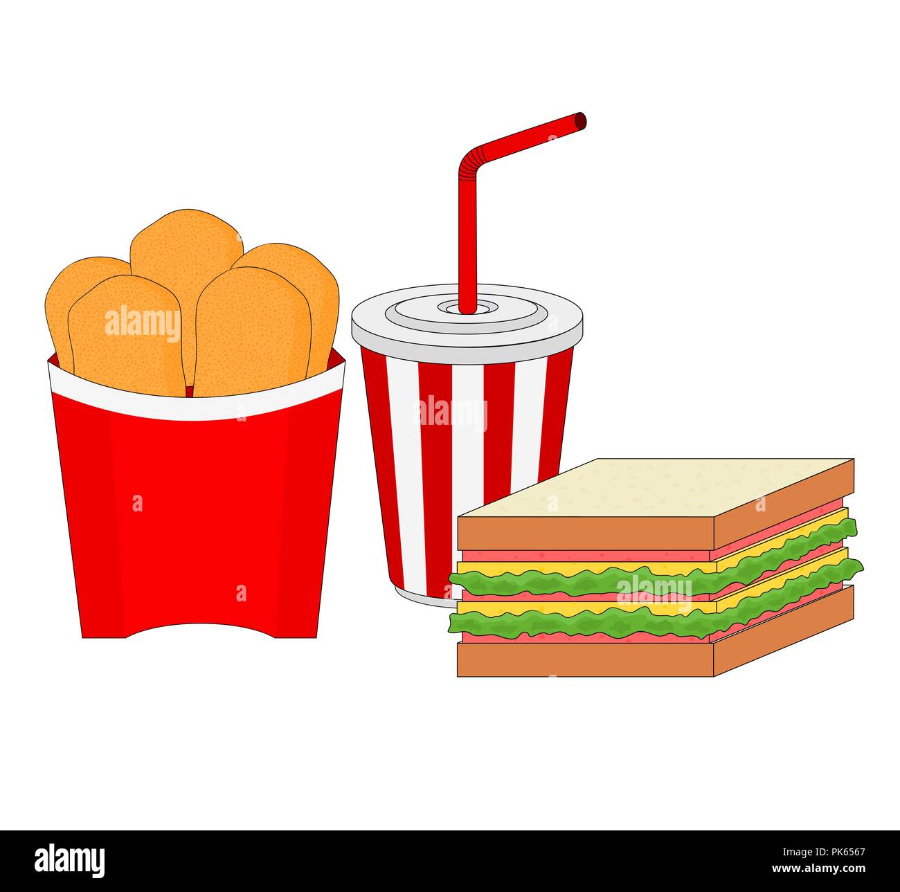 Isolated delicious fast food dinner menu with ham sandwich , chicken nuggets and drink Stock Vector