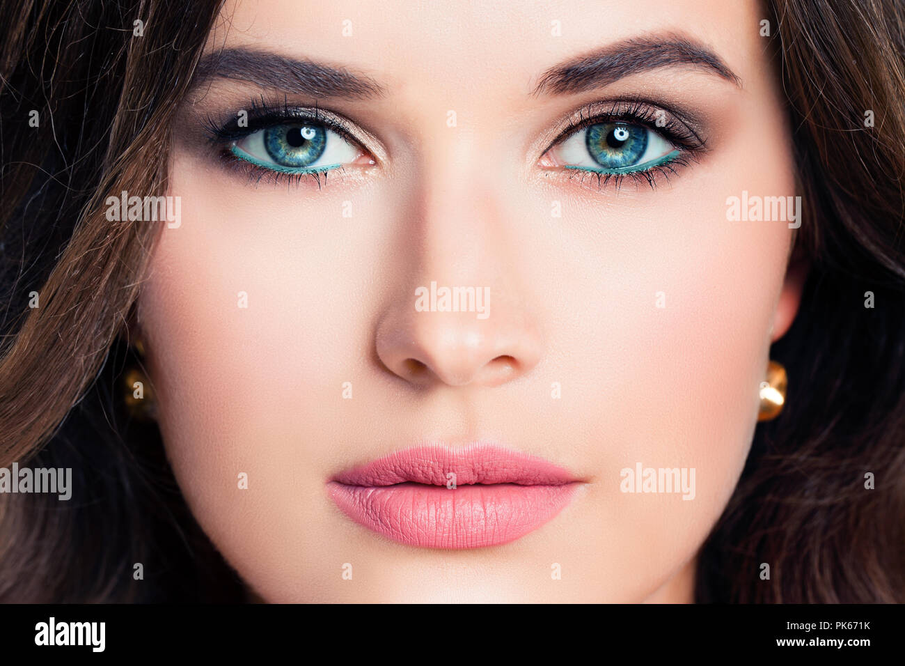 Woman Face Closeup Beautiful Female Model With Makeup Blue Eye Shadow Pink Lipstick Stock Photo Alamy